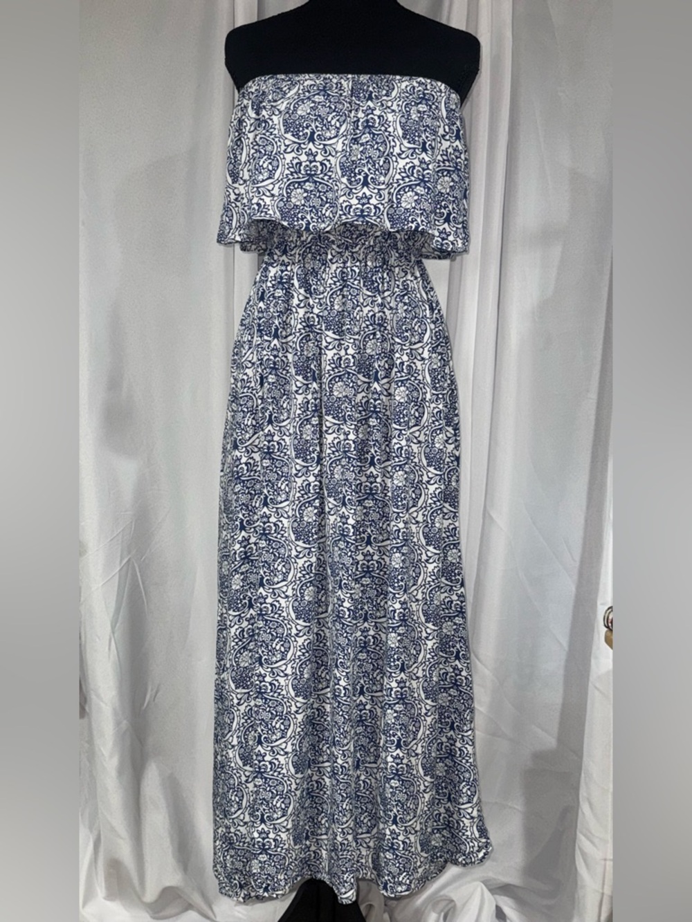 Women’s Strapless Blue & White Printed Maxi Dress